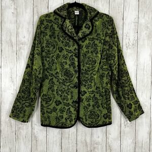 Vintage 80s 90s Green Black Floral Corduroy Button Front Collared Blazer Jacket